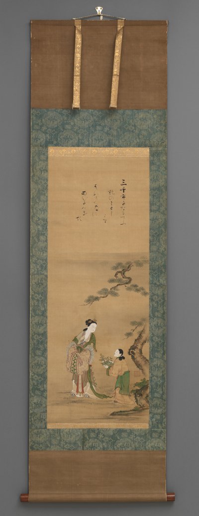 松の木のそばにいる桃の母と侍女。
19世紀初頭（水彩、木のつまみ付き 作： Japanese School