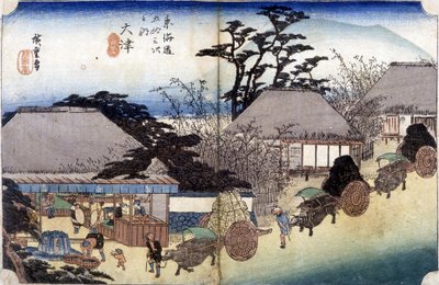 馬車で村を横切る農民たち - 日本の印刷物 作： Japanese School