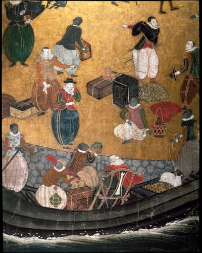 16世紀のイエズス会ポルトガル人宣教師の日本への到着を表す「ポルトガル語」画面-1590-1614-食料品の樹皮を表す詳細-南蛮学校 作： Japanese School