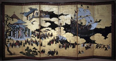 16世紀にポルトガルのイエズス会宣教師が日本にやってきたことを表す「ポルトガル」の屏風。1590-1614.狩野派（？）リスボン国立古代美術博物館 作： Japanese School