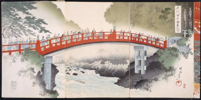 木版画の19世紀のアルバム（カラーウッドブロックプリント）から、川を越えて寺院に入る行列 作： Japanese School