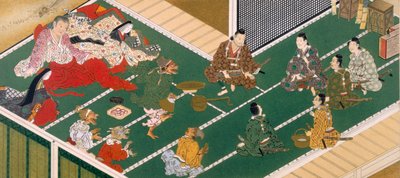 デーモン強盗の前のライコと彼の同志（色の木版画） 作： Japanese School