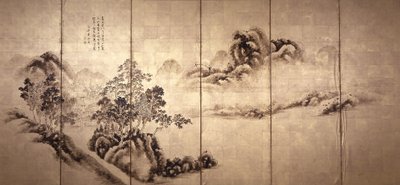 直訳：米飛後の風景、1810年頃（金箔にインク） 作： Japanese School