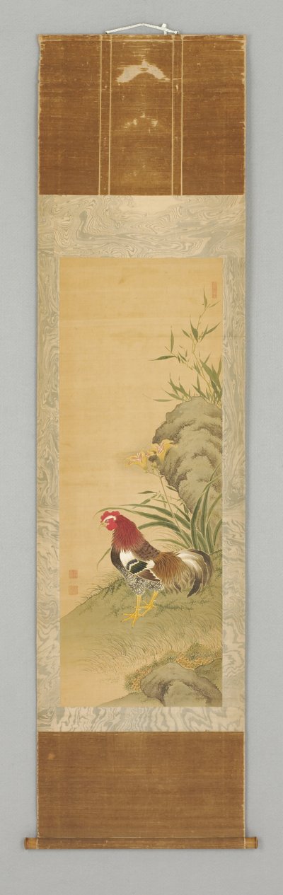 岩のそばの雄鶏 18世紀後半から19世紀初頭
世紀 掛軸 絹本著色・木本著色 作： Japanese School
