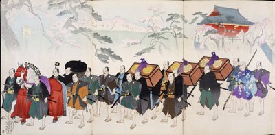 3月の武士、19世紀の木版画アルバム、手彩色木版画 作： Japanese School