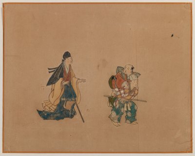 侍と二人の盲人、アルバムの葉の絵（紙にインクと色） 作： Japanese School