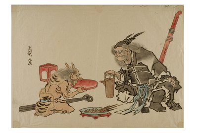 鬼に酒を振る舞う書紀、1895～1905年頃（紙にインク） 作： Japanese School