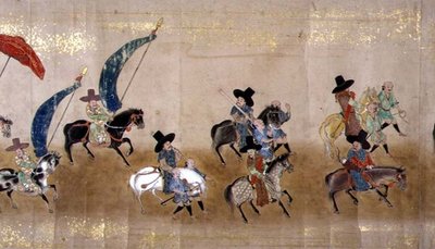明暦元年（1651年）徳川家綱継承時の第六次朝鮮大使館 狩野益信（1625-94）作と思われる（巻物絵）（詳細 作： Japanese School