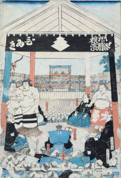 試合を始めようとしている相撲取り（木版画） 作： Japanese School