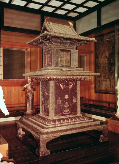 法隆寺の玉虫神社。前の化身の仏の物語を描いています。c.650 作： Japanese School