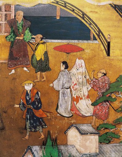 日本のポルトガル人の到着、南蛮屏風のスクリーンからのストリートシーンの詳細、1594-1618 作： Japanese School