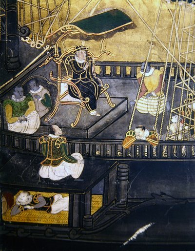 1594-1618年の南蛮兵屏風からの、ポルトガル人の日本到着、船の中央部にいる男性の詳細 作： Japanese School