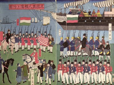 1853年にペリー提督中隊が日本港に到着（カラー木版画） 作： Japanese School