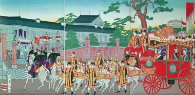 むつひと天皇（1852-1912）19世紀後半、東京の御所に帰った（色版画） 作： Japanese School