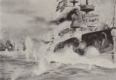 8月10日、旅順港沖でロシア戦隊と勇敢に戦うミカサ (litho) 作： Japanese School