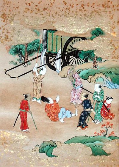 山賊に襲われる僧正岳（1126-1235）（紙に水彩） 作： Japanese School