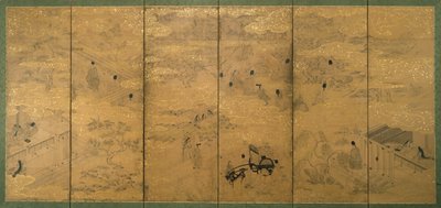 17世紀後半〜18世紀初頭の源氏物語（雲母紙に顔料と金箔を使用したインク）（171423のペア） 作： Japanese School