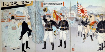 大日本帝国の勃興：左は封建制度に基づく旧日本社会、右は中国やロシアとの戦争につながる軍事力の開発に向けられた新日本社会を表している。 作： Japanese School