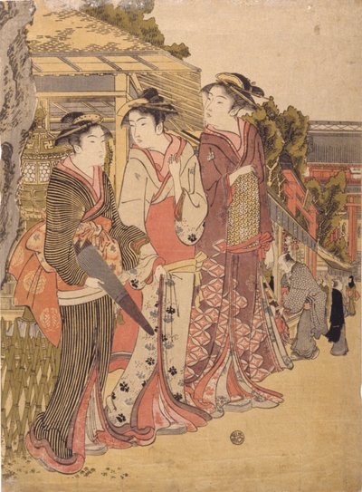 市場の三人の美女 (カラー木版画) 作： Japanese School