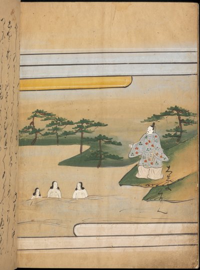 水の中にいる三人の女性、「大震館」の挿絵（紙に墨・彩色） 作： Japanese School
