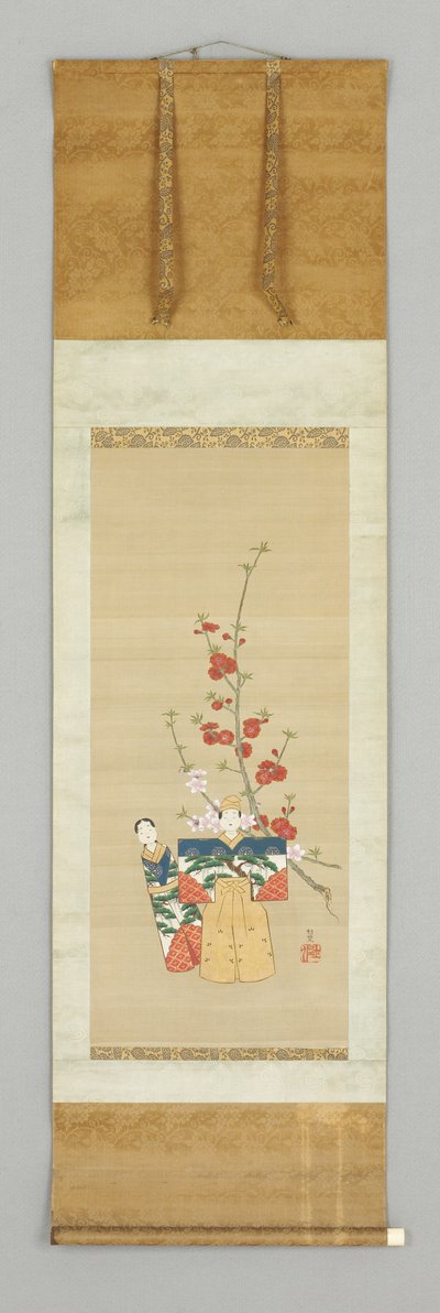 二人の日本人形と一輪の花
枝 18世紀後半 絹本著色 作： Japanese School