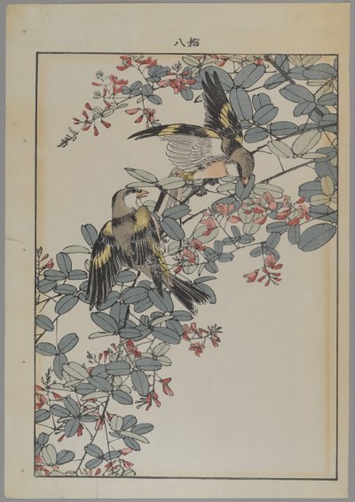 明治時代のピンク色の花を持つ2羽の鳥、1868-1912年頃（カラー木版画） 作： Japanese School