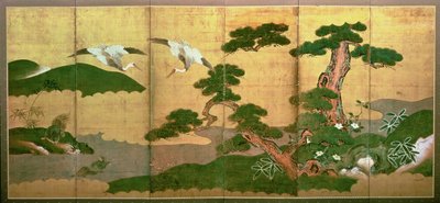 松とロックウッドの後ろに潜る2羽の鶴、江戸時代 作： Japanese School