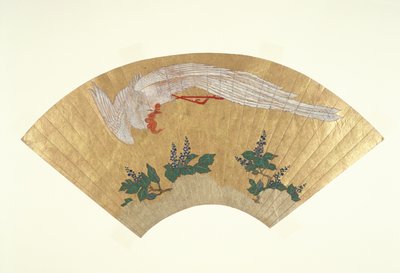 マウントされていないファン：雪に覆われた竹への鳥の潜水、1700〜60年頃（紙に金とトイレ） 作： Japanese School