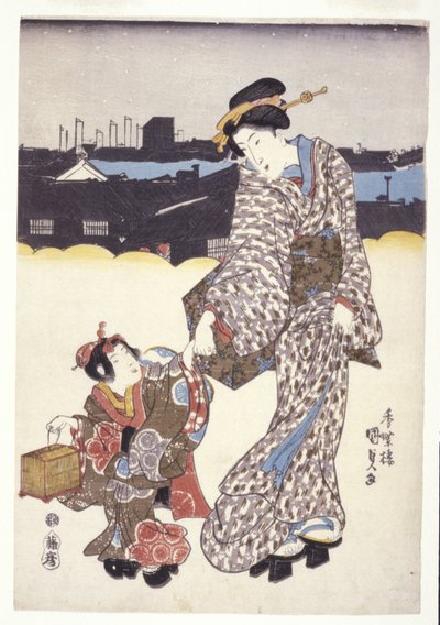 無題 (女と子供) (カラー木版画) 作： Japanese School