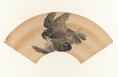 無題-2羽の鳥の扇形の絵、1603-1868（紙にインク） 作： Japanese School