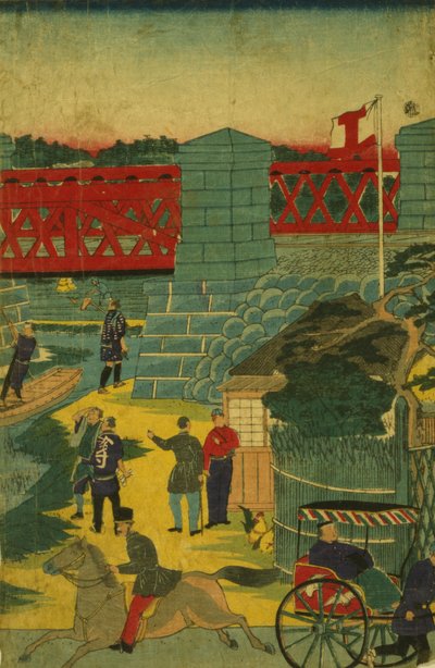 さまざまな活動に従事している人々を示す日本の村のシーン、1870年頃 作： Japanese School