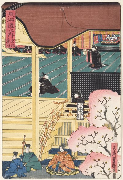 宮廷の武将、宮殿に近づく付添人がいる3人の武士、1500年頃（木版） 作： Japanese School