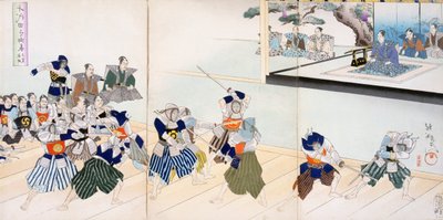 武将が剣術を練習している武士を見る（色木版画） 作： Japanese School