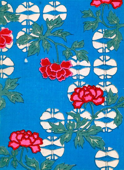 青い背景に白いランタンと牡丹の花 作： Japanese School