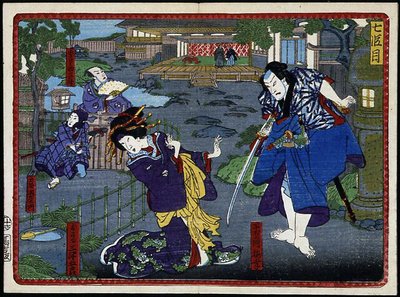 着物を着た女性とサムライ - 「四十七士の仇討ち」19世紀蒲公英シリーズ 作： Japanese School