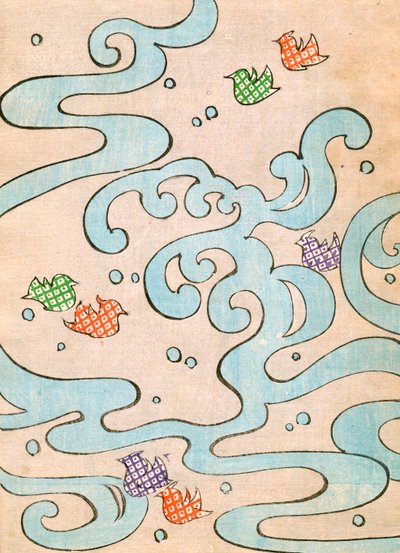 カラー木版画「水の上を飛ぶスタイライズド・バード 作： Japanese School