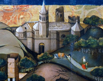 司教教会のある風景、エジプトへの逃避の詳細、ヴェルドゥの祭壇画 作： Jaume Ferrer