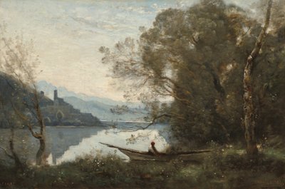 係留された船頭: イタリアの湖のお土産 作： Jean-Baptiste-Camille Corot