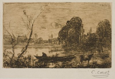 ヴィル・ダヴレイ船頭のいる池、夕方 作： Jean-Baptiste-Camille Corot