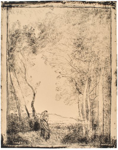 森の入口の若い母親 作： Jean-Baptiste-Camille Corot