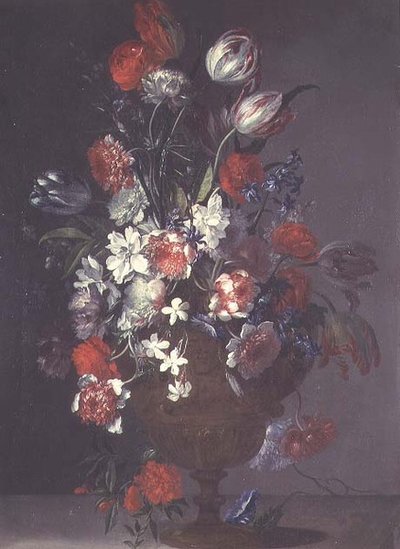 チューリップやバラなどの花を花瓶に入れて棚に並べる 作： Jean Baptiste (follower of) Monnoyer