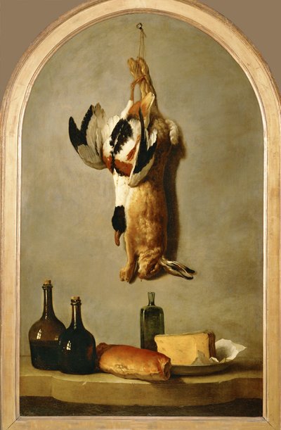 死んだウサギ、アヒル、瓶、パンとチーズのある静物画...。 作： Jean-Baptiste (school of) Oudry