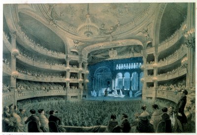オペラ ガルニエ (音楽アカデミー) の劇場ホールの眺め。 Jean Baptiste Arnout (1788-1870) によるリトグラフ。 19世紀。 パリ、B.N. 作： Jean Baptiste Arnout