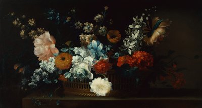 籠に入った牡丹、菊、その他の花（キャンバスに油彩） 作： Jean Baptiste Belin de Fontenay