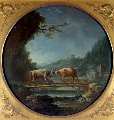 両方のヤギ。 ジャン・ド・ラ・フォンテーヌによる寓話の挿絵。 Jean Baptiste Claudot (1733-1805) の絵画 作： Jean Baptiste Claudot