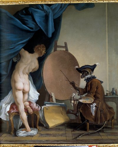 モンキーペインター。 キャンバスに油彩、0.89 x 0.62 m。 - 画家の猿。 Jean Baptiste Deshays (1729 - 1765) の絵画 作： Jean Baptiste Deshays