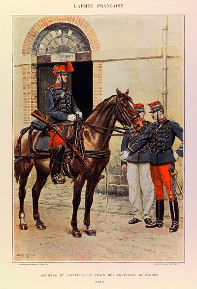 ジュール・リシャール大尉のフランス軍の種類と制服、エドゥアール・ディテール（1848-1912）が描いたもの。1887年の軍人の列車の役員と騎手、個人蔵 作： Jean Baptiste Edouard Detaille