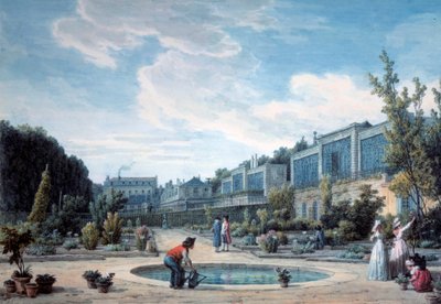 王の庭 (現在の植物園) の眺め。 Jean Baptiste Hilaire (1753-1822) によるリトグラフ 1794 Paris, B.N. 作： Jean Baptiste Hilaire