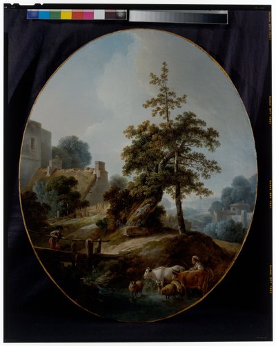 少年と牛と羊を連れた羊飼いのいる風景 作： Jean Baptiste Huet
