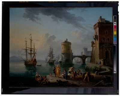 港の風景：トルコの商人たち（船の前の船着場にて 作： Jean Baptiste Lallemand